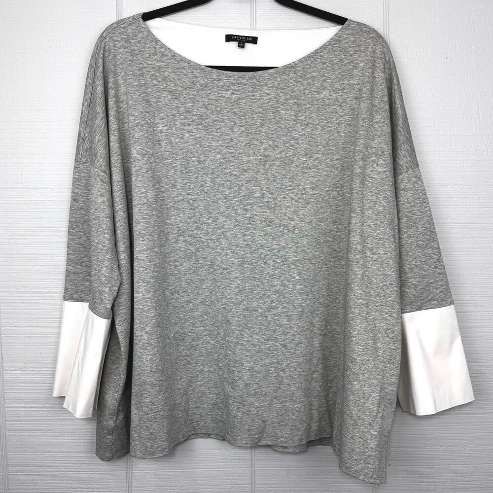 Lafayette 148 Gray Oversized Boat Neck Top White Button Accent Cuffs 3/4 Sleeves